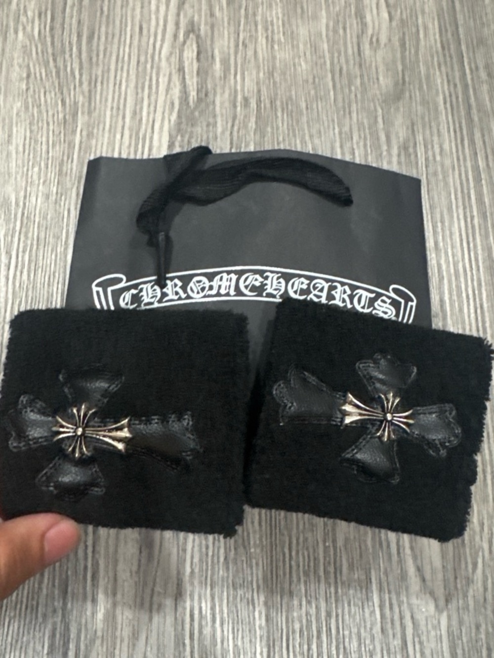 Chrome Hearts Black Wrist Cuffs with Silver Cross Accents